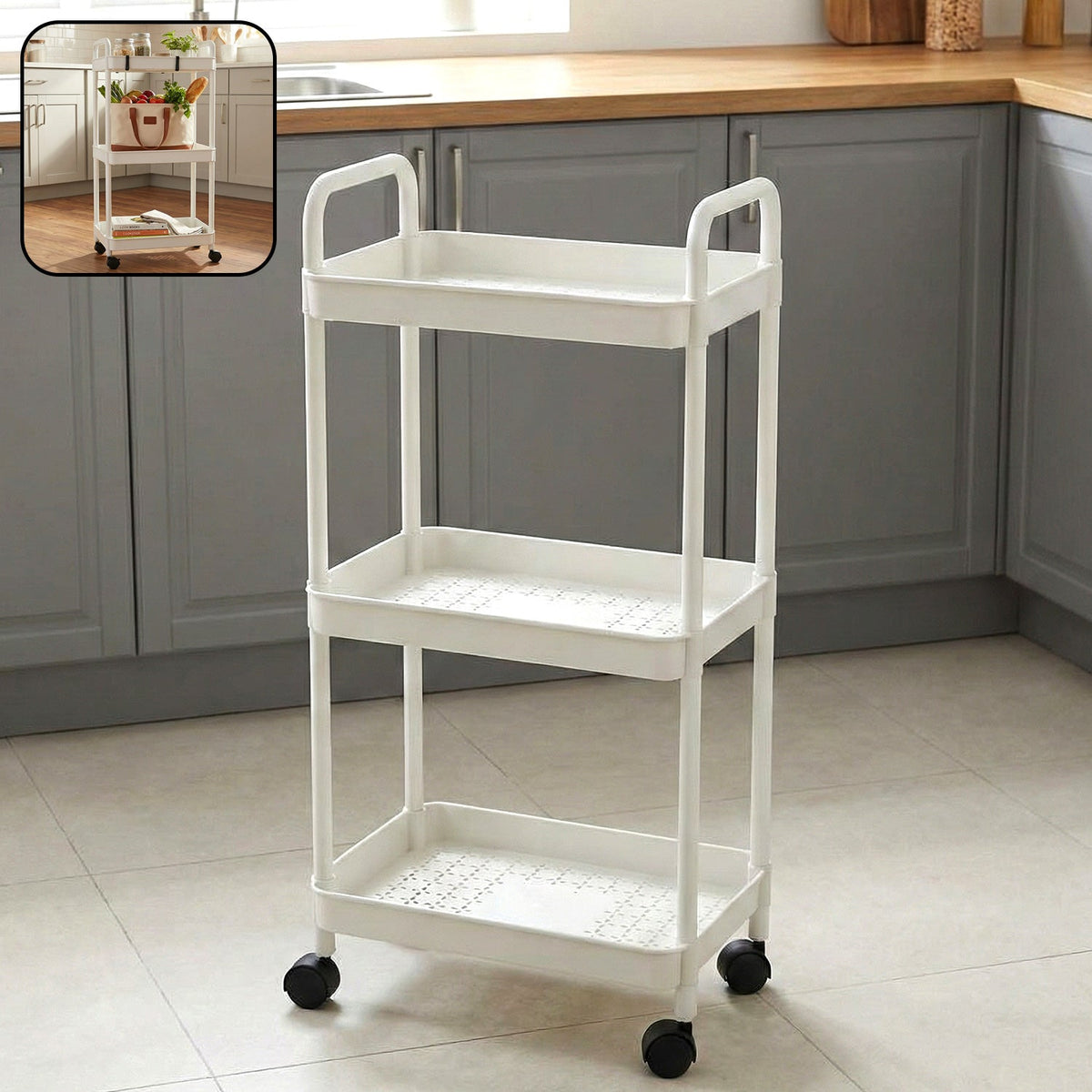 3 layer rolling storage trolley with shelves for kitchen and bathroom organization
