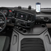 Car phone holder displaying the temporary parking number plate feature.