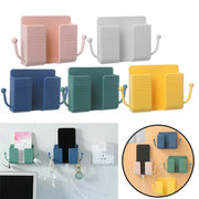 Detail of the wall-mounted phone holder's robust construction and multi-functional hook.