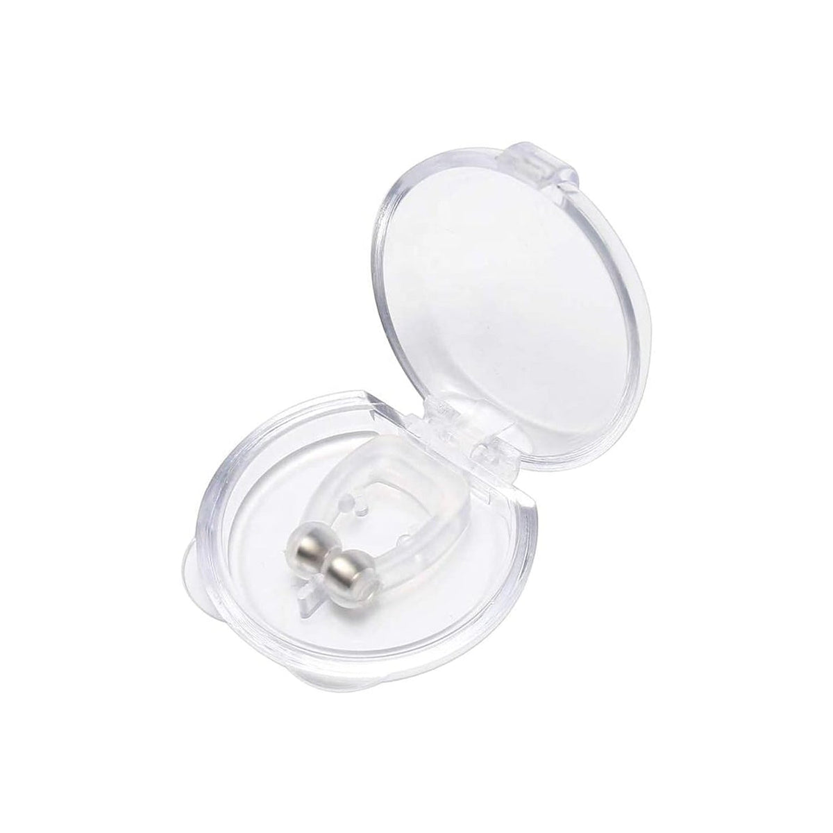 A hand gently holding the lightweight silicone anti-snore nose clip.