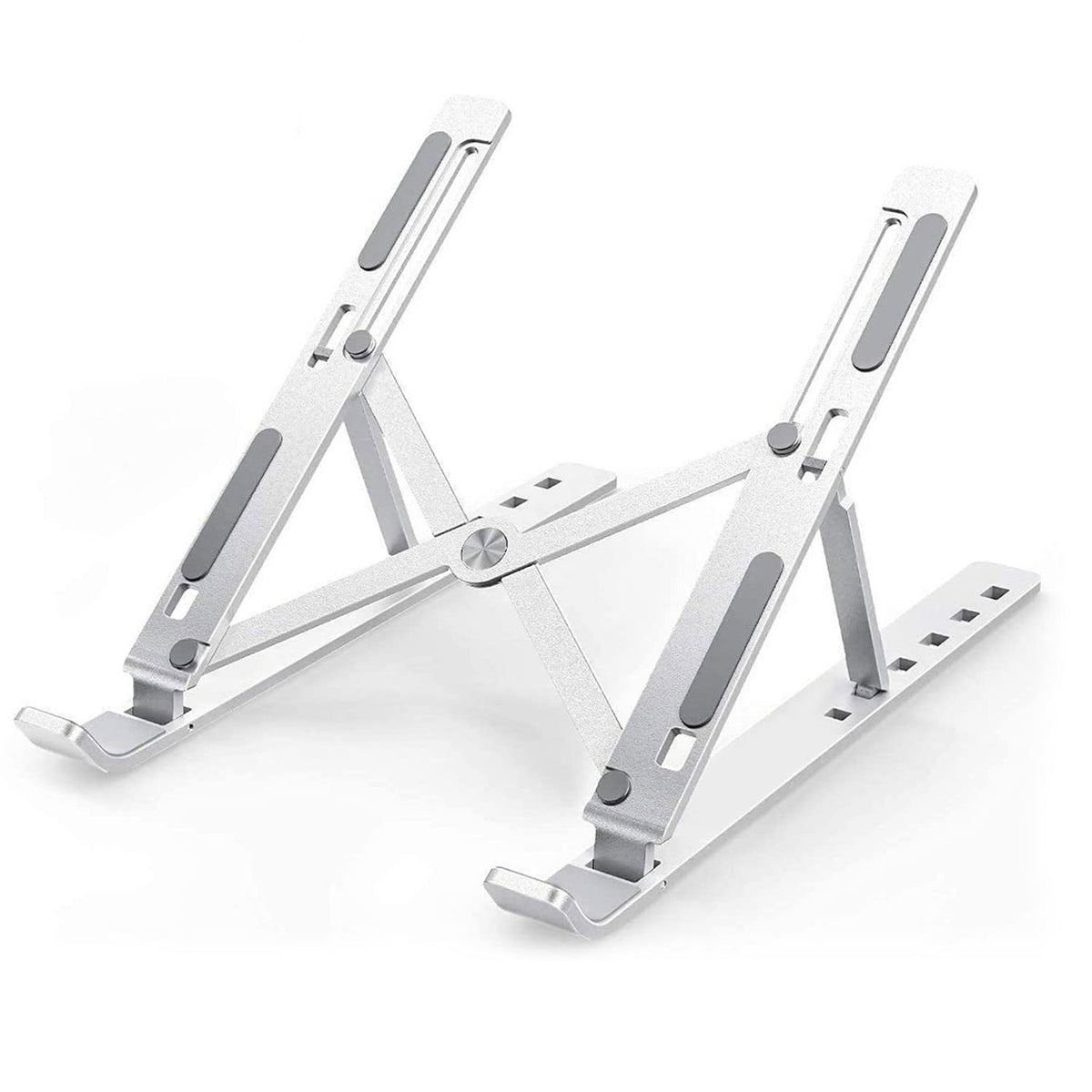 Ergonomic portable laptop stand elevating a laptop on a wooden desk, enhancing workspace.