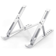 Ergonomic portable laptop stand elevating a laptop on a wooden desk, enhancing workspace.