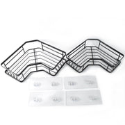 Two-piece stainless steel corner shelf organizer with black iron coating mounted on bathroom wall