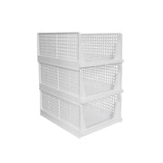 Stackable 3-layer closet organizer, perfect for efficient wardrobe clothes storage and decluttering.