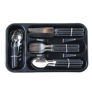 Organized stainless steel cutlery set with plastic grip handles in tray