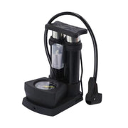 Angled view of the Safora mini bike pump, highlighting its robust construction.