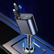 Alternative angle showing compact 4-in-1 dual cable car charger