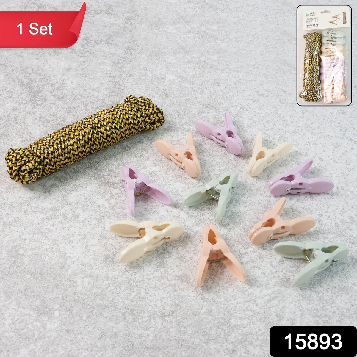 Multipurpose cloth clips holding laundry securely on drying rope