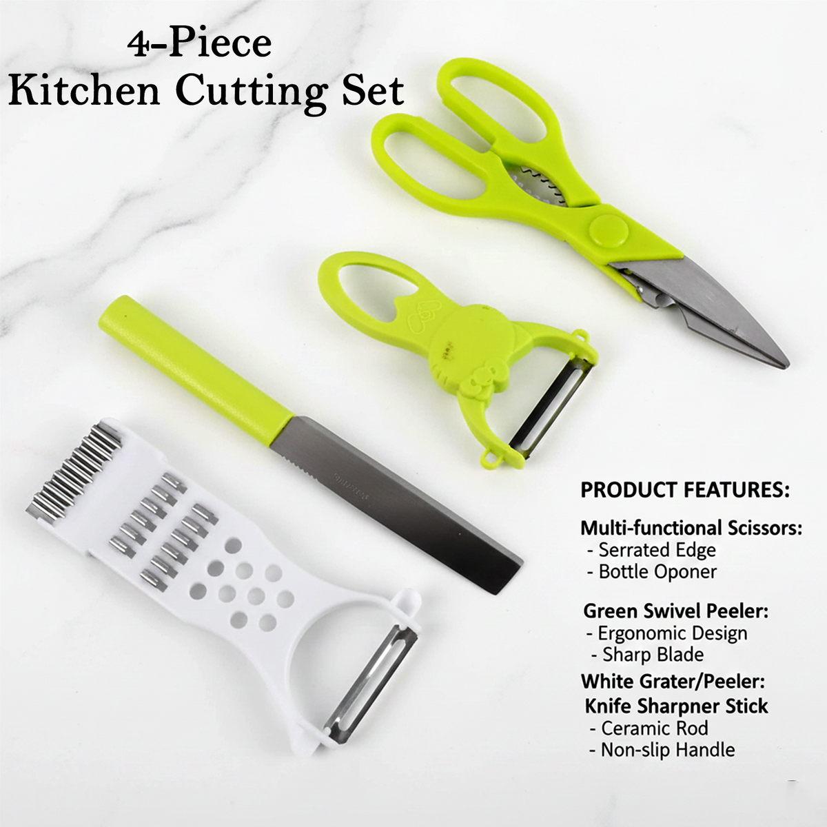 Complete 4-piece kitchen cutting tools set neatly arranged