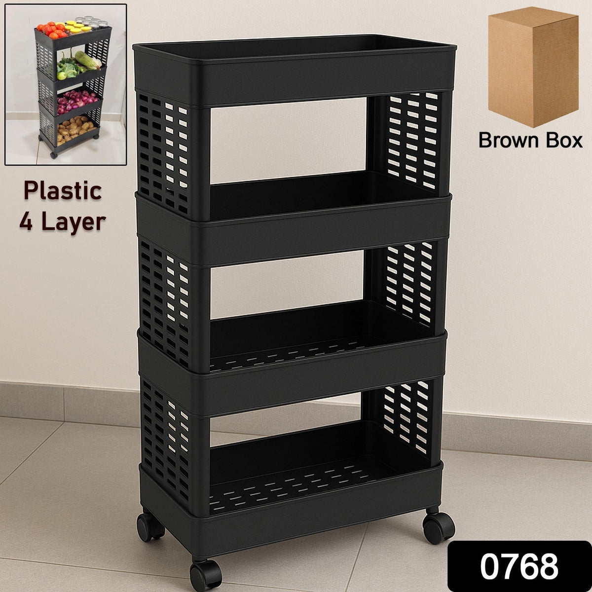 A versatile plastic utility organizer trolley with wheels, used in a modern kitchen setting.