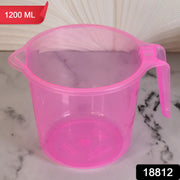 Durable transparent plastic mug with an ergonomic handle, showcasing its 1200ml capacity.