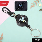 Retractable key reel featuring a secure metal lobster clasp for easy attachment.