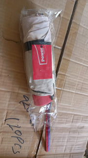 A folded beige umbrella with a red handle and rainbow strap is sealed in clear plastic packaging.
