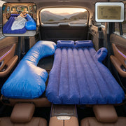 Inflated car air mattress with U-shape extension inside vehicle for a flat sleeping surface