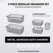 Set of five adhesive metal shower caddies easy to install without drilling