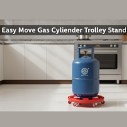 Detailed shot of a durable wheel on the red plastic gas cylinder trolley.