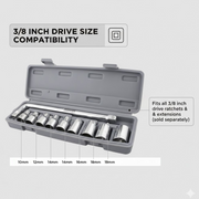 BoltForce branded packaging for the 3/8-inch drive socket wrench set.