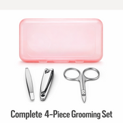 Top-down view of the compact 4-piece travel manicure kit components.