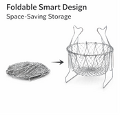 Foldable chef basket showcasing different configurations for washing, frying, and steaming.