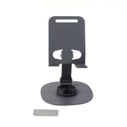 Close-up view of sturdy metallic round base of foldable mobile stand