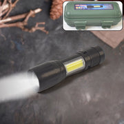 Rechargeable mini flashlight with front LED and side COB lantern.