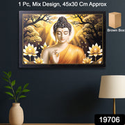 Close-up of Lord Buddha wall art framed in sturdy wooden frame for spiritual home decor