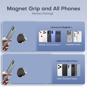 Compact magnetic phone holder placed on office desk holding smartphone