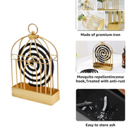 A gold metal birdcage-style holder with a black mosquito coil is shown alongside three inset images of its features.