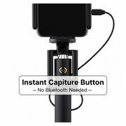 Set of selfie stick accessories, highlighting the aux wire and phone holder compatibility.