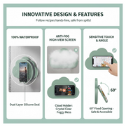 Waterproof mobile stand case securely mounted on a tiled bathroom wall.