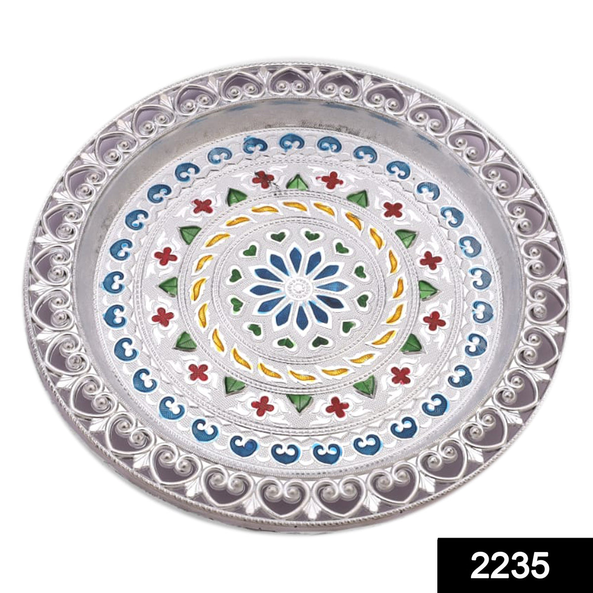 Silver plated pooja thali with a subtle design, enhancing your festive rituals.