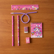 Kids stationery set showing pencils, ruler, eraser, notebook