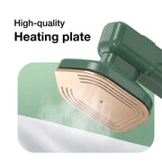 Close-up of the 2-in-1 portable iron's soleplate and water tank, detailing features.