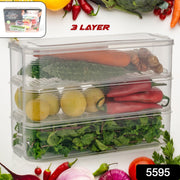 Stackable fridge storage containers holding fresh vegetables and fruits inside a refrigerator.