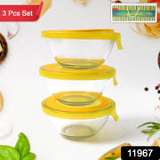 Clear glass bowl set with colorful lids suitable for microwave and freezer use