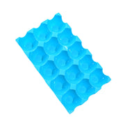 Four white plastic egg trays, designed for secure and compact egg storage.