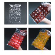 Stack of disposable ice cube bags conveniently stored in a freezer.
