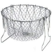 The sturdy stainless steel chef basket folded flat for convenient storage in a drawer.