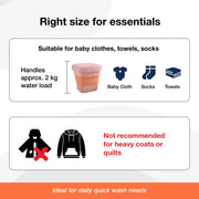 Diagram illustrating the dimensions and key features of the foldable mini washing machine.