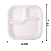 Dimension display for 22 cm by 22 cm square compostable bagasse compartment plate