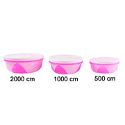 Reusable kitchen storage boxes of multiple sizes in pink and white