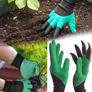 Close-up of a gardener wearing mixed-color gloves with claws, demonstrating digging.