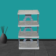 Fully assembled 4-layer foldable shoe rack with various shoes for entryway organization.