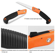 The folding saw securely locked in its open position for safe use.