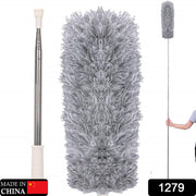 Flexible microfiber duster head cleaning a ceiling fan.