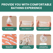 An aqua-colored VelvaBloom disposable shower cap laid flat, showing its full elastic fit.