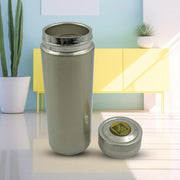 The insulated flask displayed with its robust, food-grade stainless steel construction.