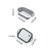 Overview of the versatile foldable chopping board, dish rack, and washing bowl.