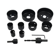 Complete 12-piece hole saw kit with various carbon steel bits for wood drilling.