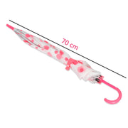 A closed white umbrella with pink polka dots and a pink handle is shown with a 70 cm length measurement.